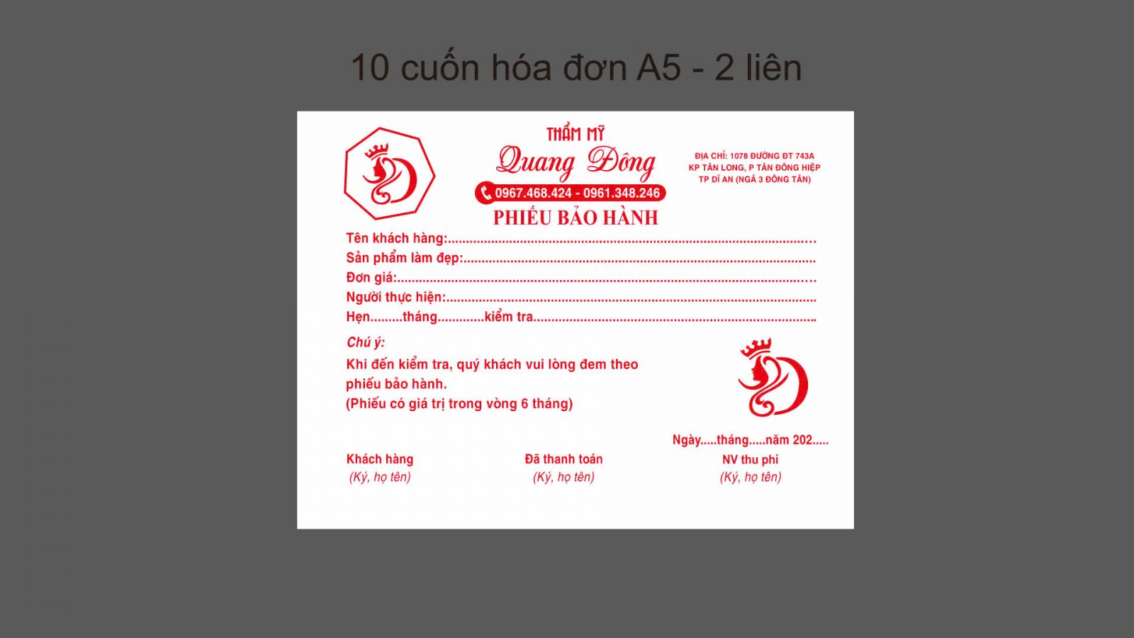 HOÁ ĐƠN PHIẾU BẢO HÀNH SPA